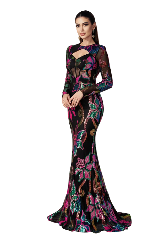 Woman in a colorful evening gown against an orange background with 'Missord' branding.