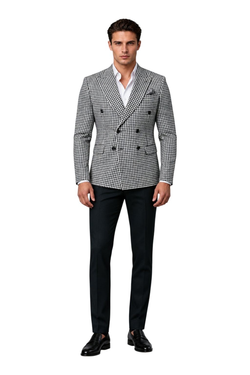 A man wearing a black and white houndstooth double-breasted blazer over a white dress shirt, standing against a textured gray studio background. A stylized 'UA' logo is visible in the top-left corner.