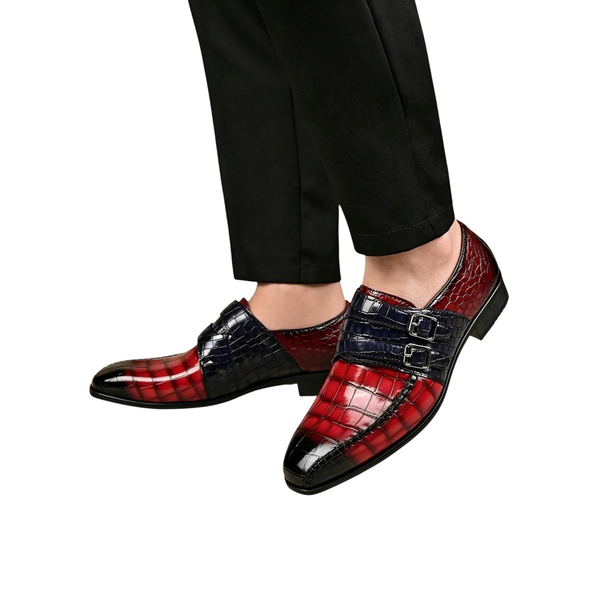 JASE Heart Royal Alligator men's dress shoes in red and navy blue crocodile-embossed leather with double monk straps.