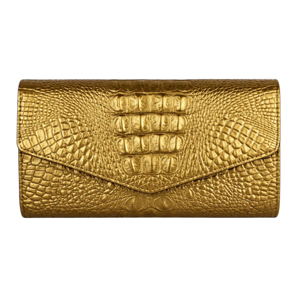 JASE HEART GLOBAL gold crocodile embossed leather Executive Envelope clutch with a sleek pointed flap design