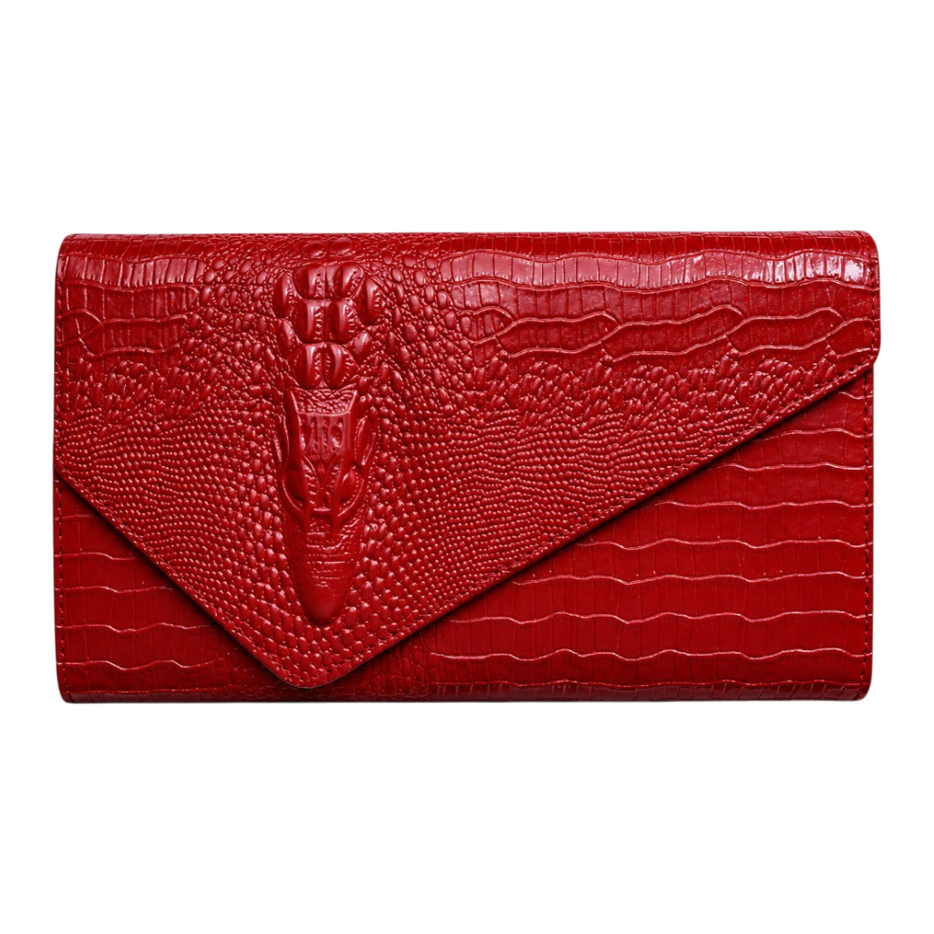 JASE HEART GLOBAL red crocodile embossed leather envelope clutch with a textured flap design