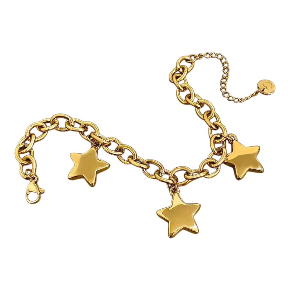 JASE HEART GLOBAL gold chain bracelet featuring three polished star charms on a delicate link chain