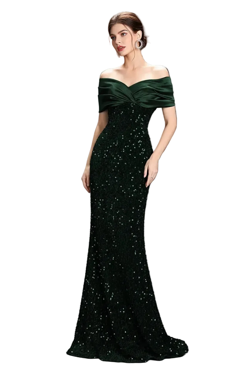 Woman wearing a dark green off-shoulder evening gown against a gray background