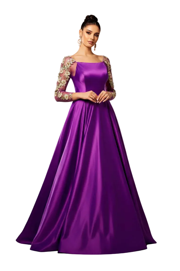Purple evening gown with floral sleeves on a white background
