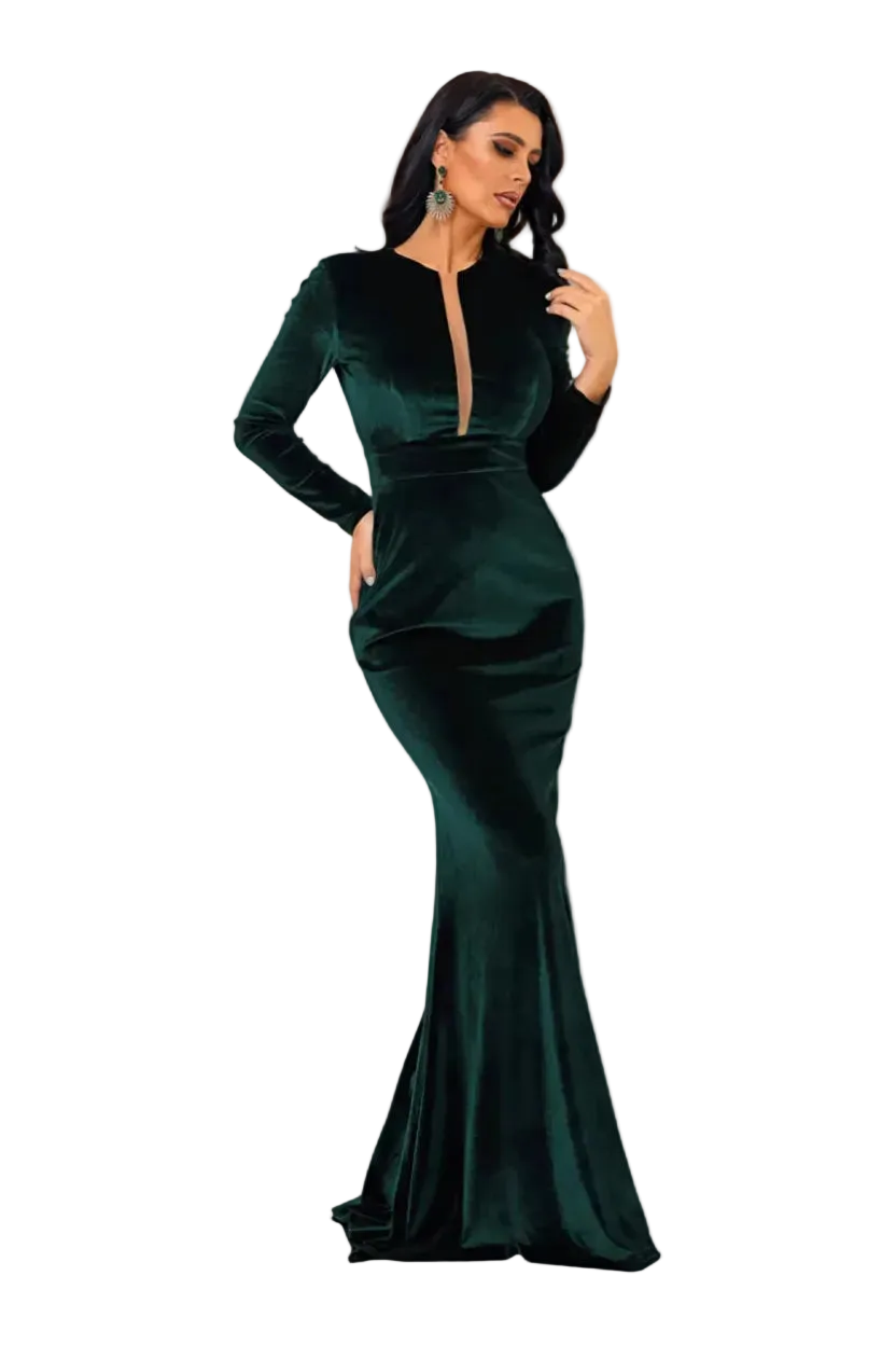 Woman wearing a green evening gown on a white background