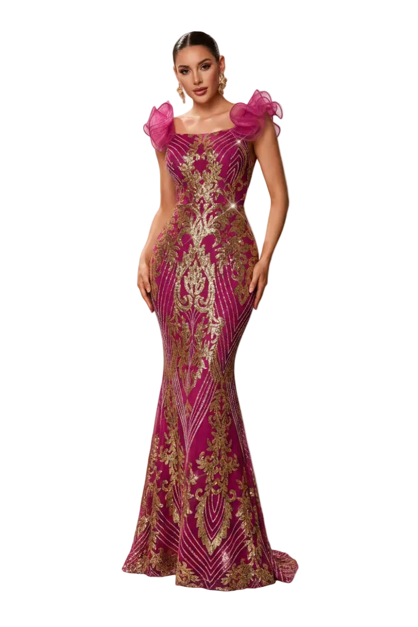 Woman wearing a pink and gold evening gown on a white background
