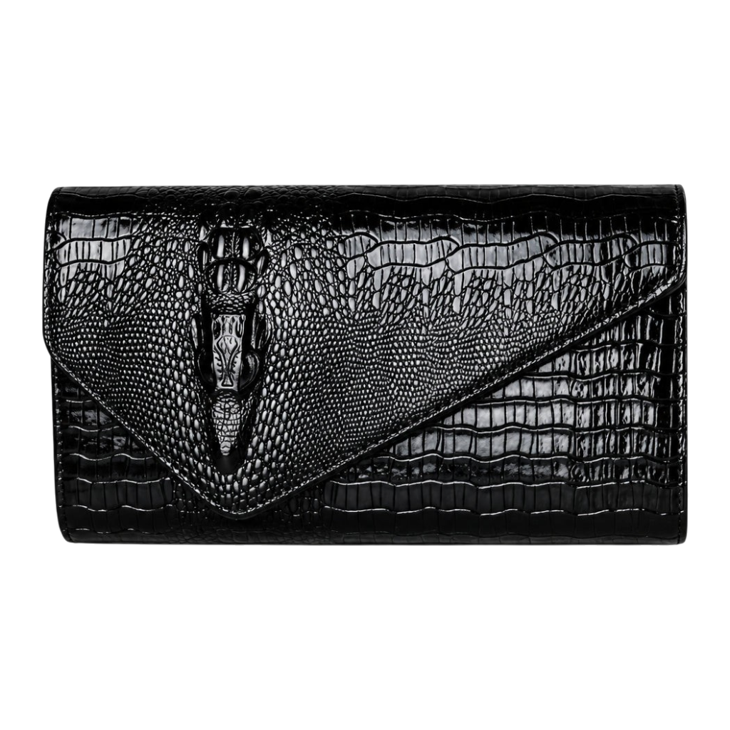 JASE HEART GLOBAL black crocodile embossed leather envelope clutch with a decorative metallic clasp