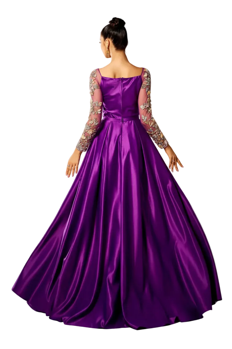 Purple evening gown with lace sleeves on a white background