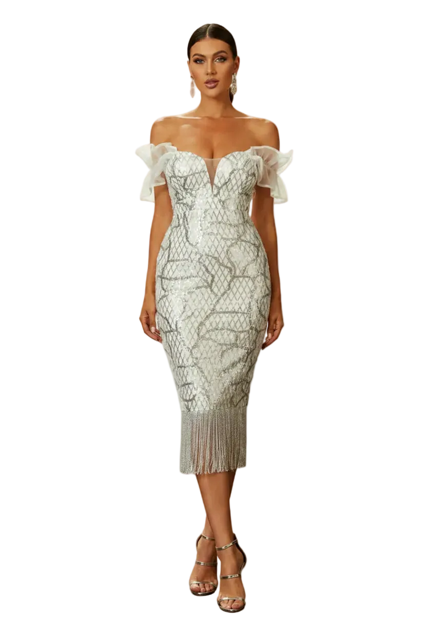 Woman wearing a white lace off-shoulder dress on a white background