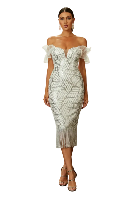 Woman wearing a white lace off-shoulder dress on a white background