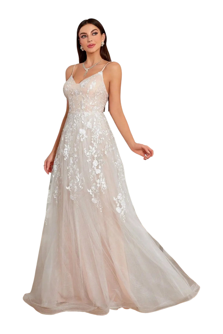 JASE Heart Ethereal Blossom floor-length gown with spaghetti straps, delicate white floral embroidery, and tulle skirt