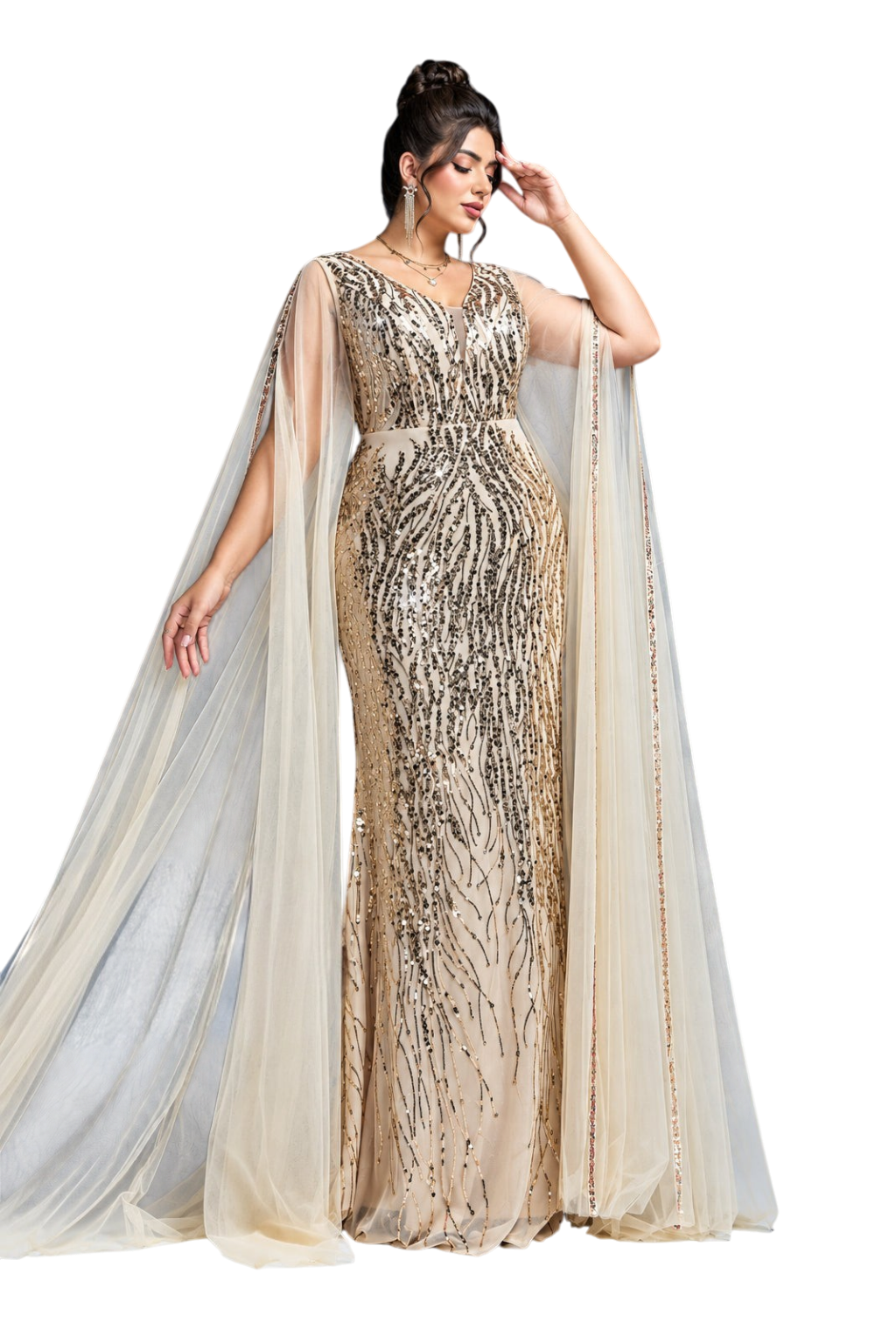 JASE Heart Liquid Cloak floor-length gold sequin evening gown with sheer cape sleeves and V-neckline on a model.