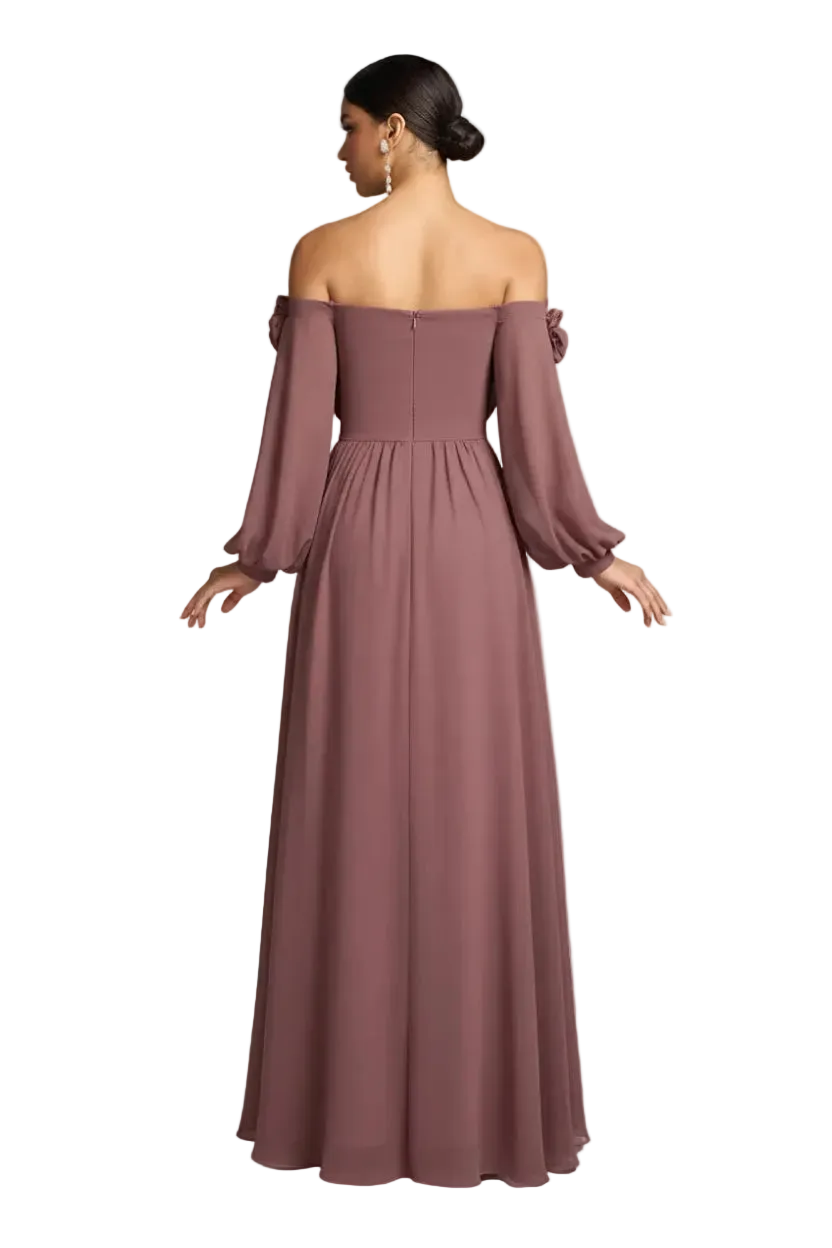 Mauve off-shoulder gown on a white background