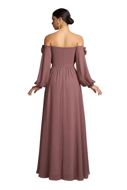 Mauve off-shoulder gown on a white background