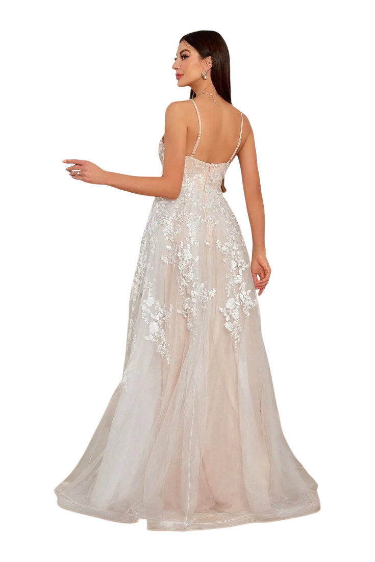 JASE Heart Ethereal Blossom floor-length gown with white floral lace embroidery and spaghetti straps in a bright room
