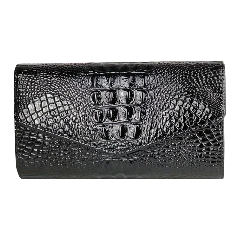 JASE HEART GLOBAL black crocodile embossed leather Executive Envelope clutch with a sleek pointed flap design