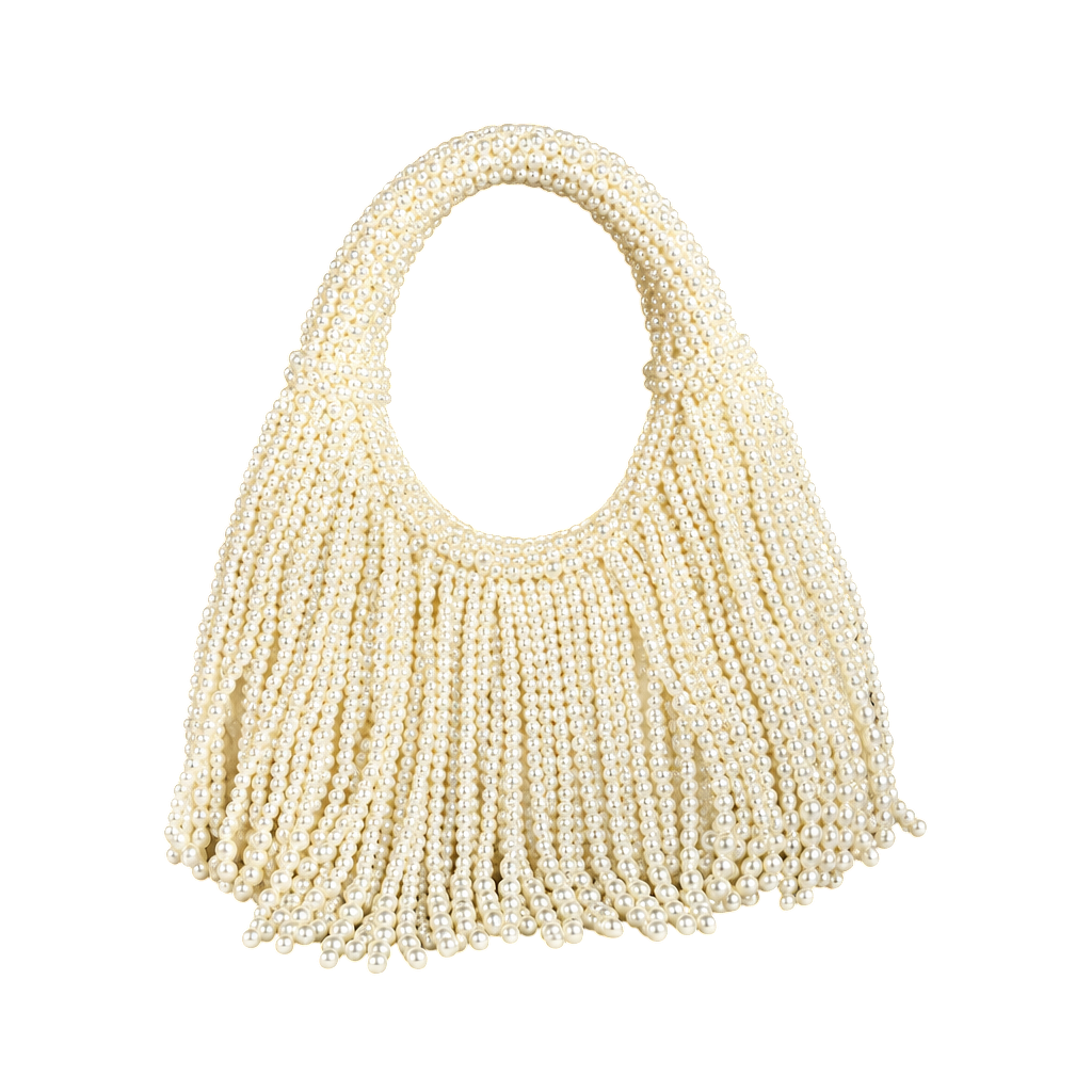 JASE HEART GLOBAL white beaded fringe handbag with a crescent shape, perfect for elegant evening wear.