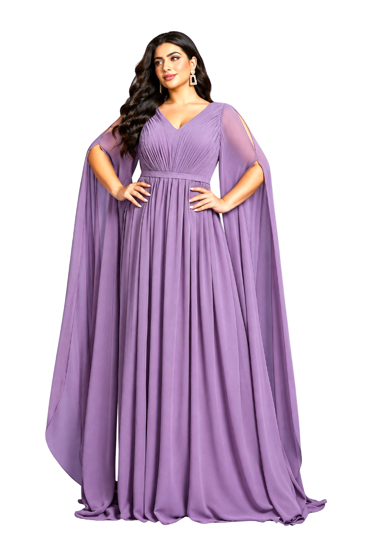 JASE Heart plus size mauve floor-length chiffon evening gown with pleated bodice and dramatic split cape sleeves