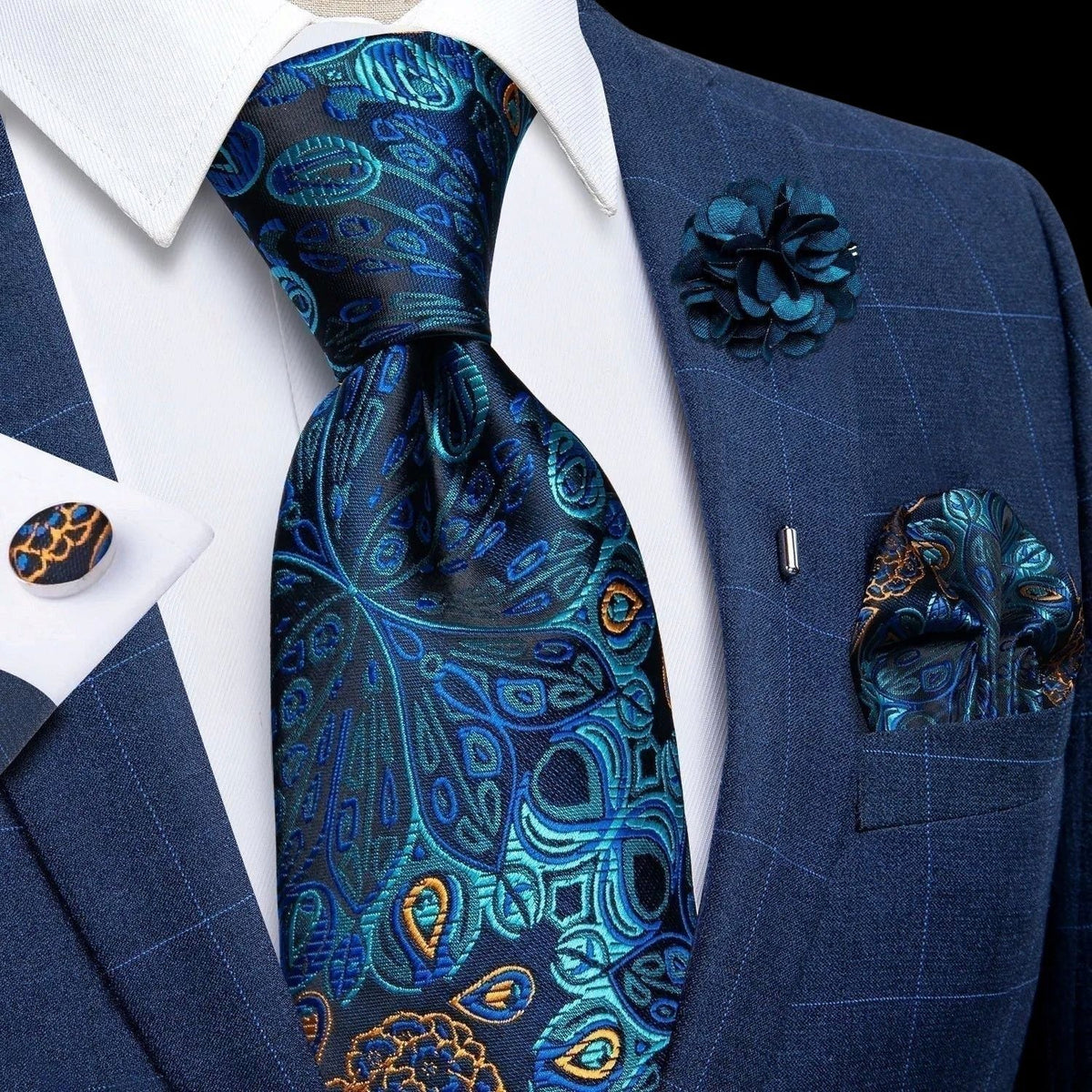 JASE HEART GLOBAL blue and teal paisley silk necktie set with matching pocket square, lapel pin, and cufflinks
