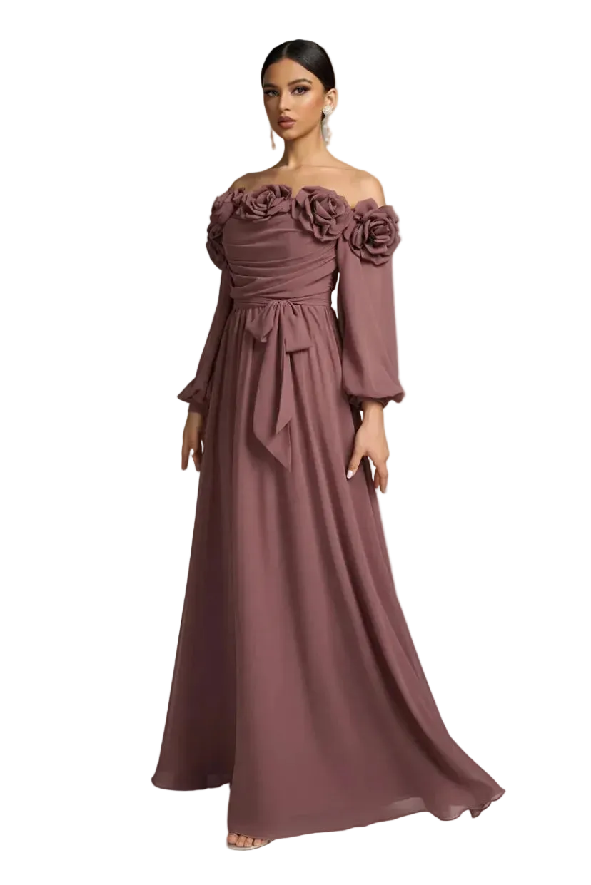 Mauve off-shoulder gown with floral details on a white background