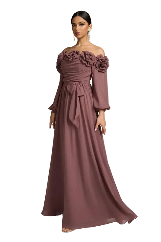Mauve off-shoulder gown with floral details on a white background