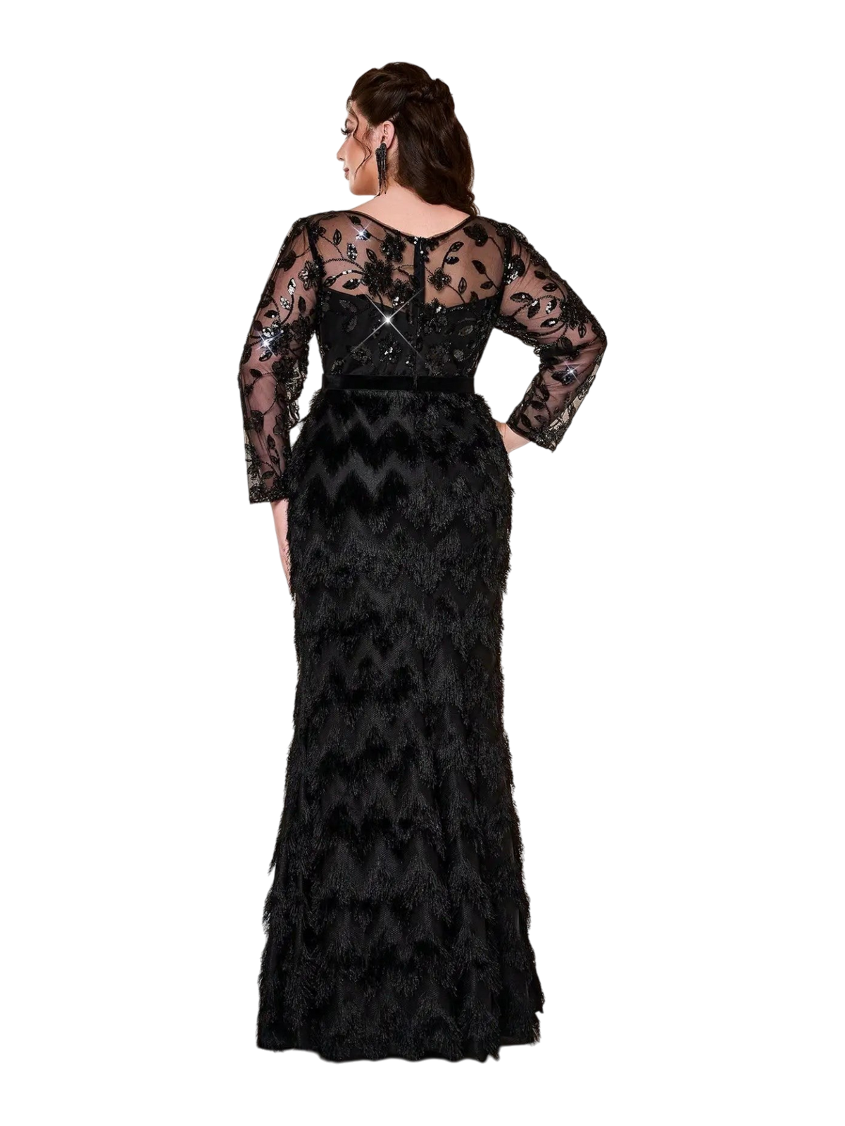 JASE Heart black velvet evening gown with sheer long sleeves, sequin leaf embroidery, and a fringed skirt back view