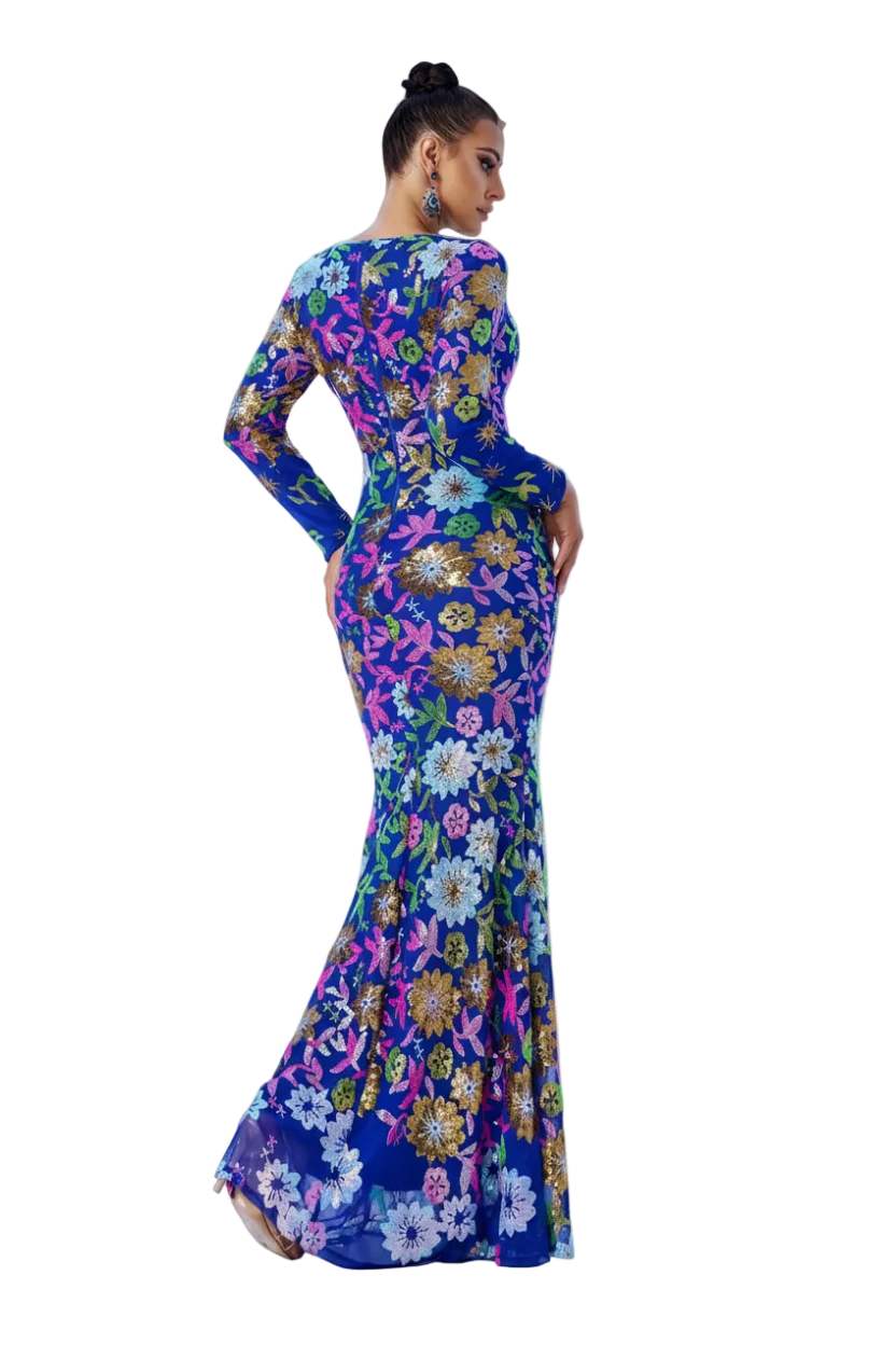 Woman wearing a colorful floral dress on a white background