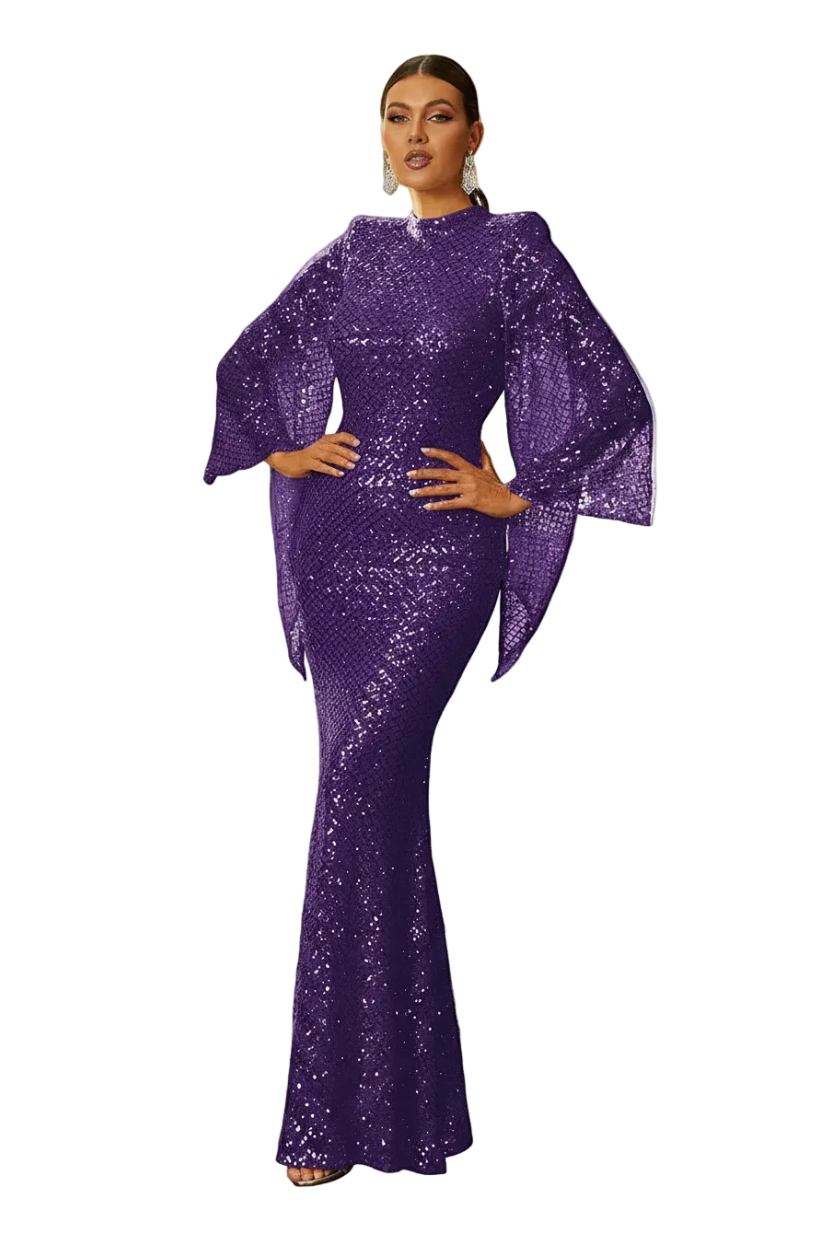 Woman wearing a purple sequin dress in a room with a window and chair.