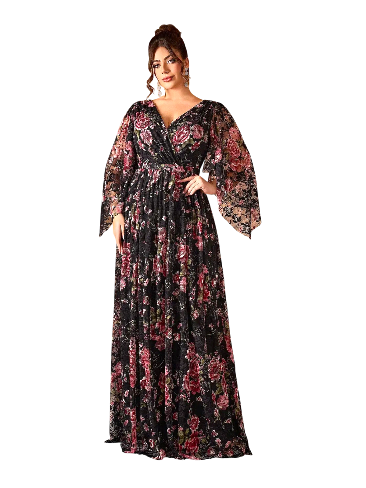 JASE Heart Ethereal Blossom black floral maxi dress with V-neck and sheer flared sleeves on a model
