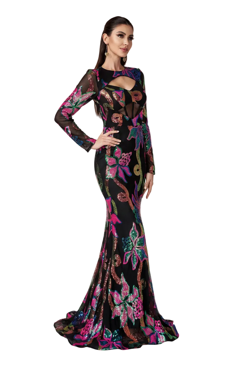 Woman wearing a colorful evening gown with a blurred background