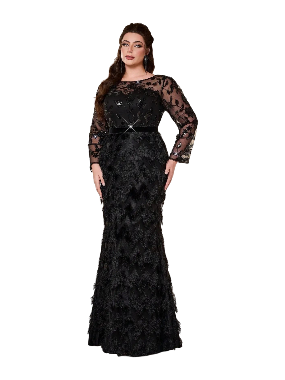 JASE Heart black velvet evening gown with long sheer lace sleeves, sequin embellishments, and a fringed skirt.