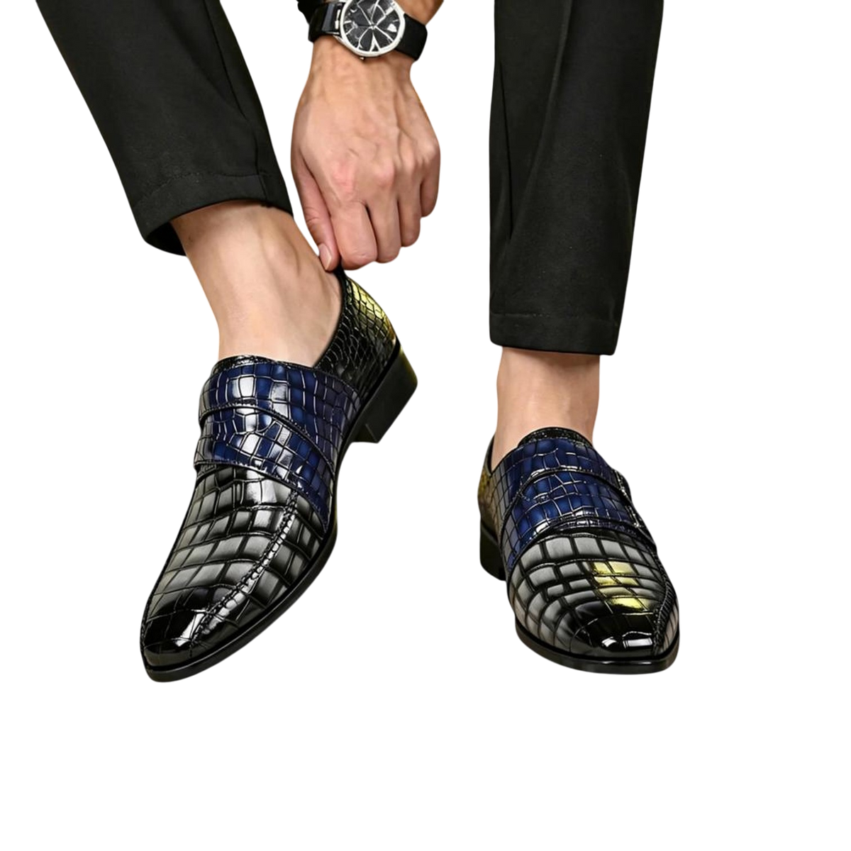 JASE Heart Royal Alligator dress shoes in blue and black gradient crocodile-embossed leather with a sleek slip-on fit