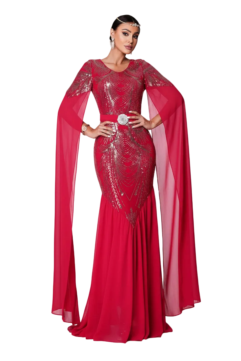 Woman wearing a red evening gown with a cape on a white background