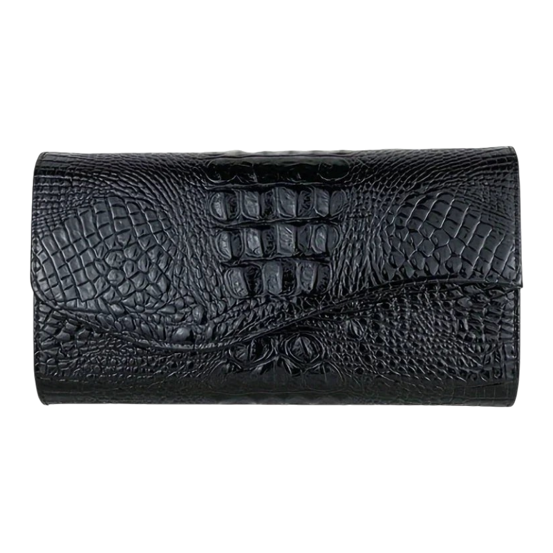 JASE HEART GLOBAL Executive Envelope clutch in black with a glossy crocodile skin texture and elegant flap closure