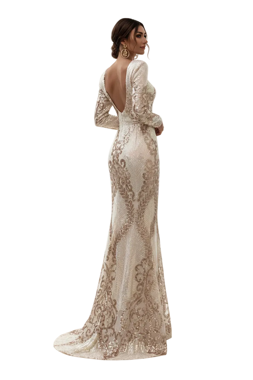 A woman stands in a white colonnade wearing a long-sleeve, backless evening gown with beige and rose gold sequined floral patterns and a sheer mesh overlay.