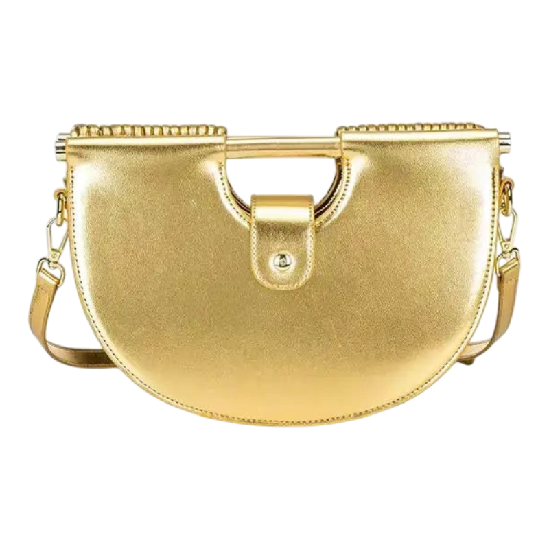 JASE HEART GLOBAL Liquid Half-Moon metallic gold crescent handbag with a structured top handle and shoulder strap.
