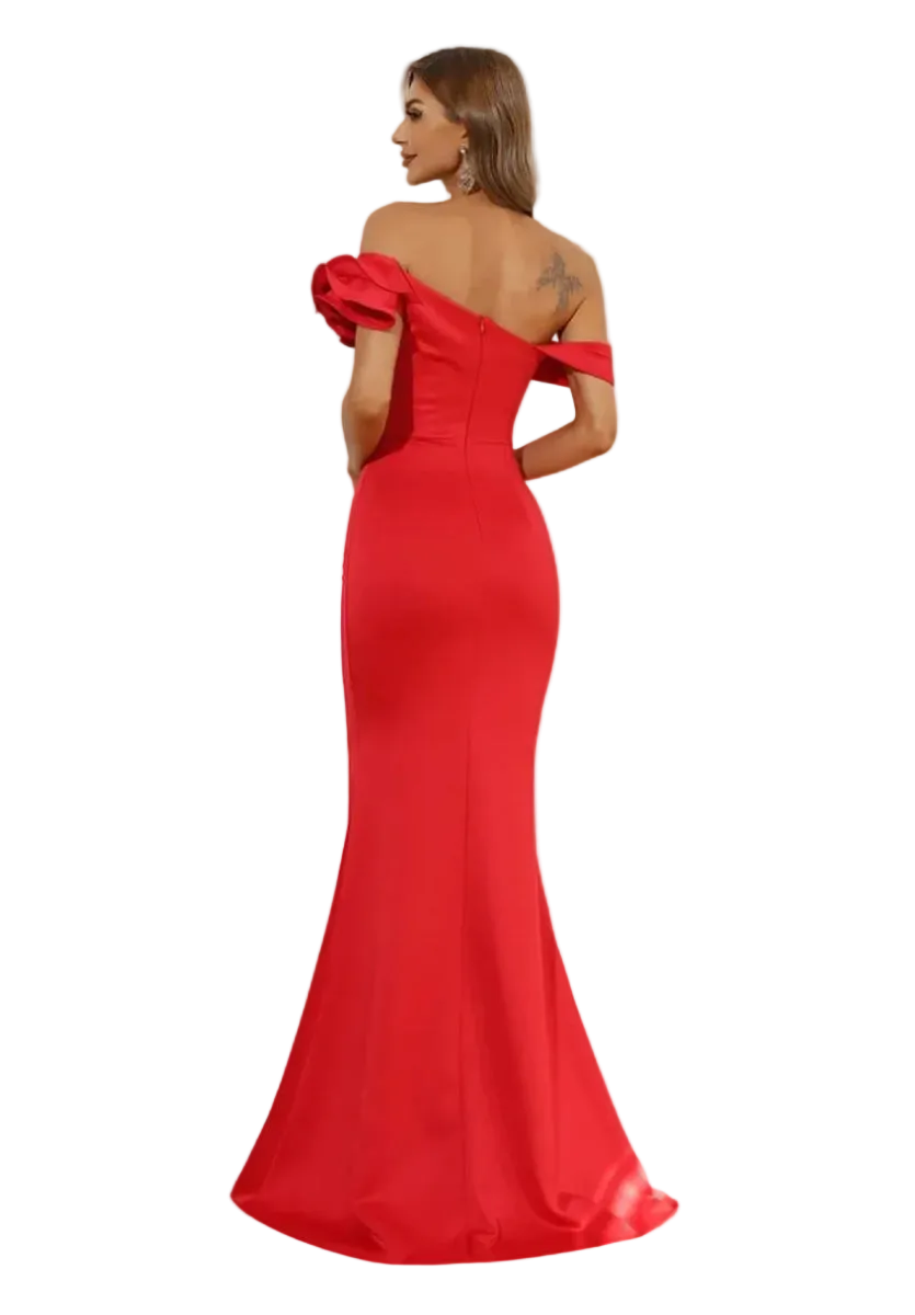 Red off-shoulder evening gown on a white background