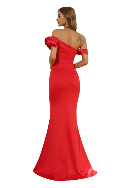 Red off-shoulder evening gown on a white background