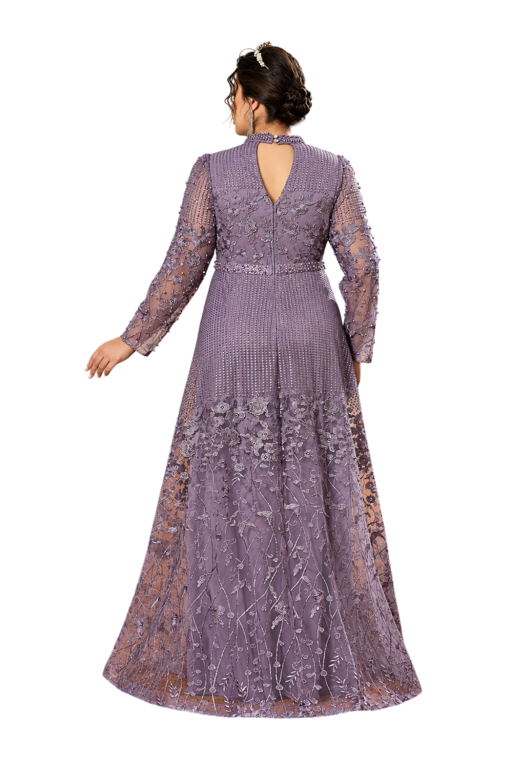 JASE Heart Imperial Brocade lavender long-sleeve evening gown with intricate floral embroidery and beaded details