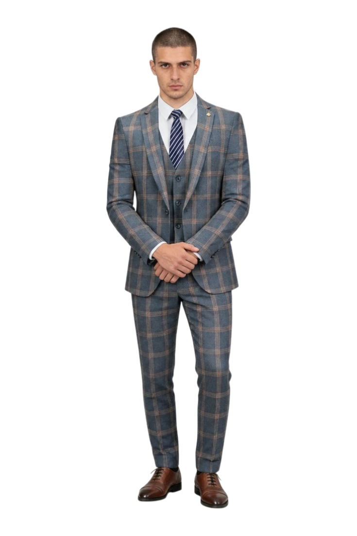 JASE Heart three-piece suit in blue and brown plaid with a white shirt and striped tie on a male model