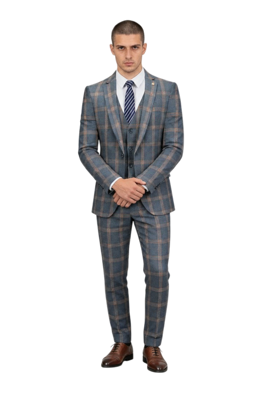 JASE Heart three-piece suit in blue and brown plaid with a white shirt and striped tie on a male model