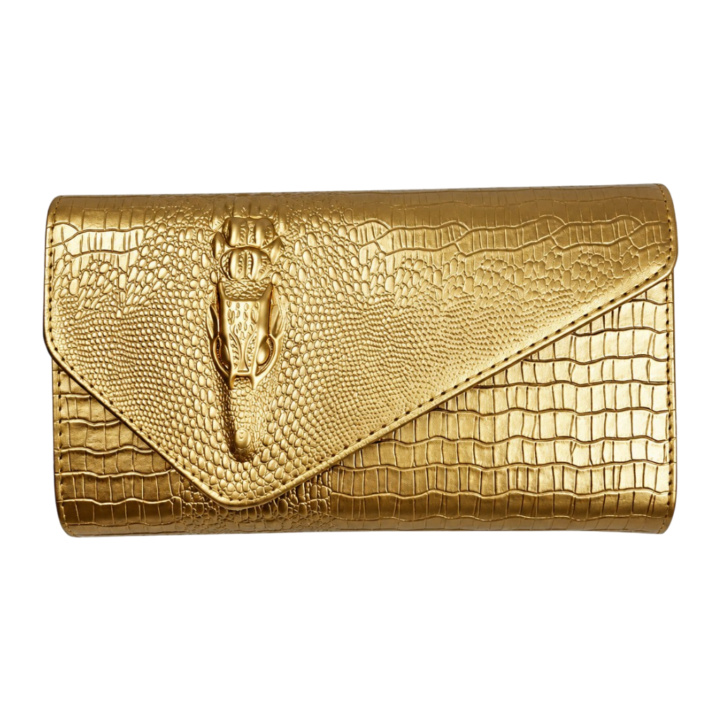 JASE HEART GLOBAL gold crocodile embossed leather Executive Envelope clutch with a unique metallic animal clasp