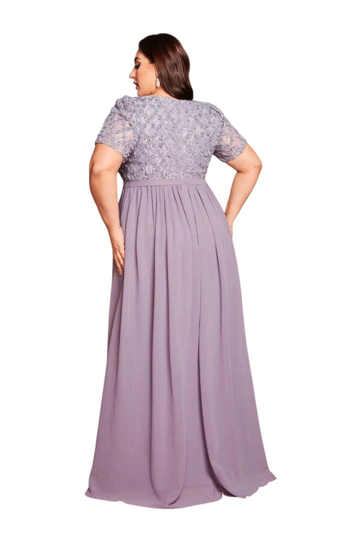 JASE Heart plus size lavender evening gown with lace bodice and flowing chiffon skirt, back view