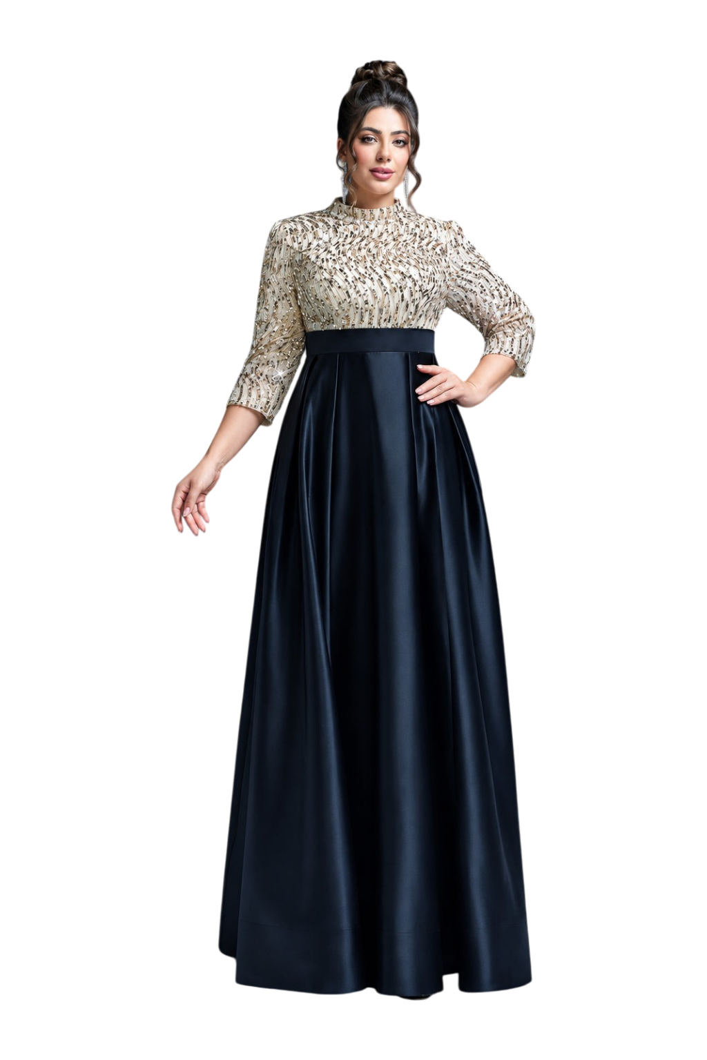 JASE Heart Imperial Brocade plus size evening gown with a gold sequined bodice and a flowing black satin skirt.