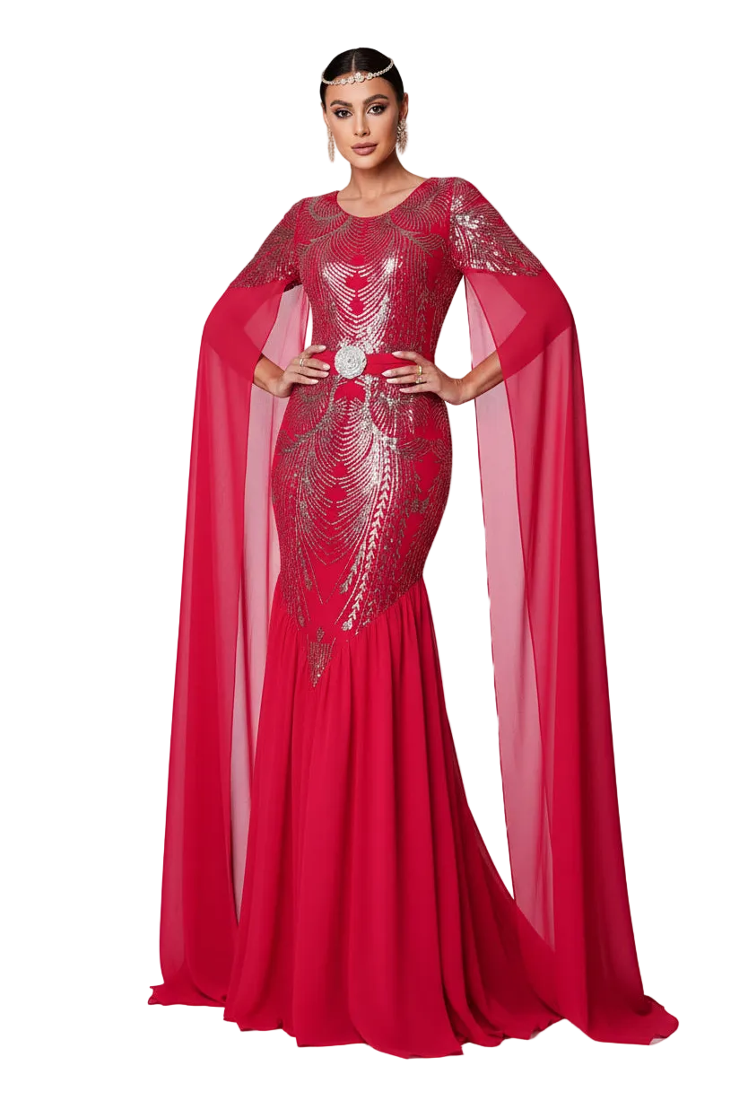 Red evening gown with intricate detailing on a white background