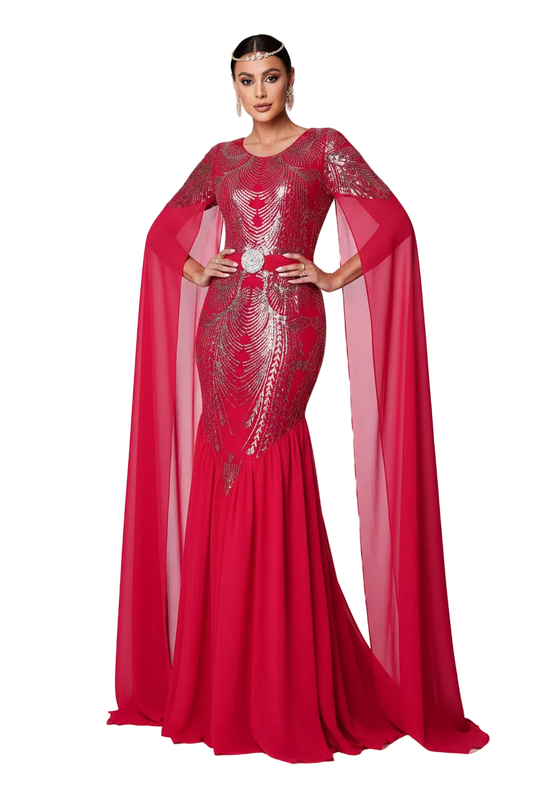 Red evening gown with intricate detailing on a white background