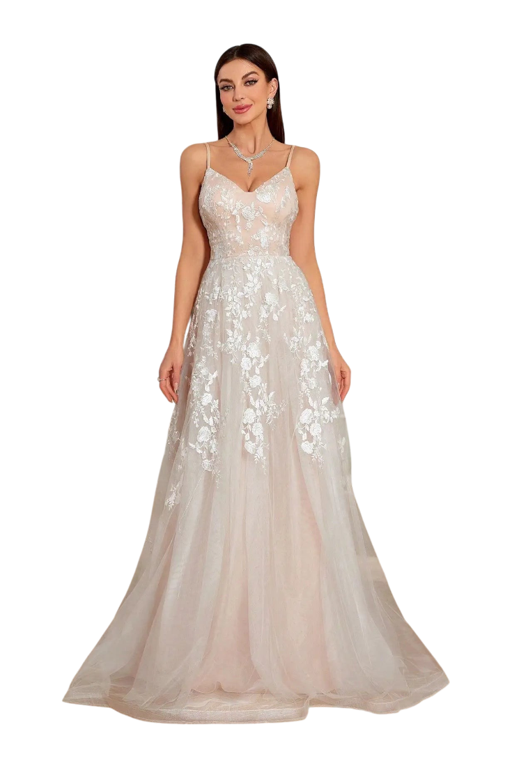 JASE Heart Ethereal Blossom floor-length wedding dress with delicate white floral lace embroidery and spaghetti straps.