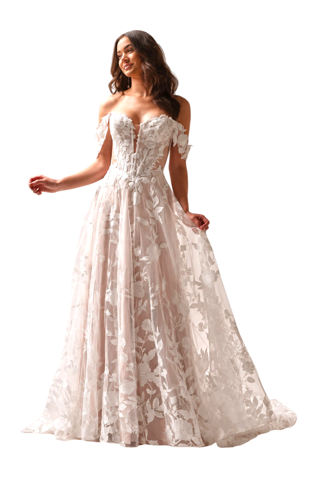 Model wearing a JASE Heart off-the-shoulder wedding dress with floral applique, sheer bodice, and flowing tulle skirt.