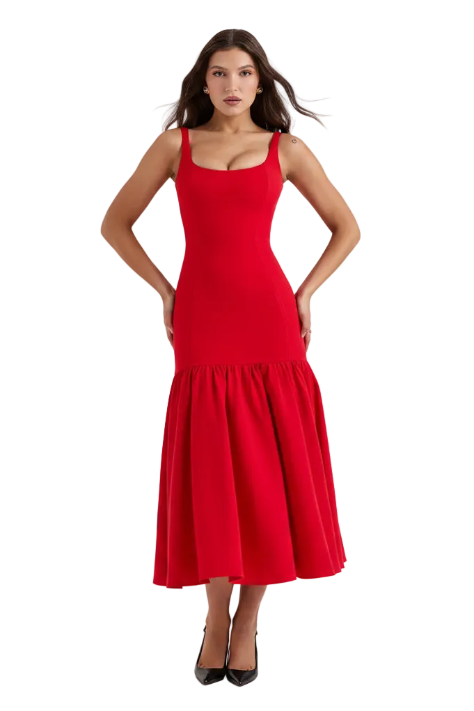 A woman modeling a bright red midi dress with a scoop neckline, thin shoulder straps, and a flared skirt, paired with black heels, set against a plain white background.