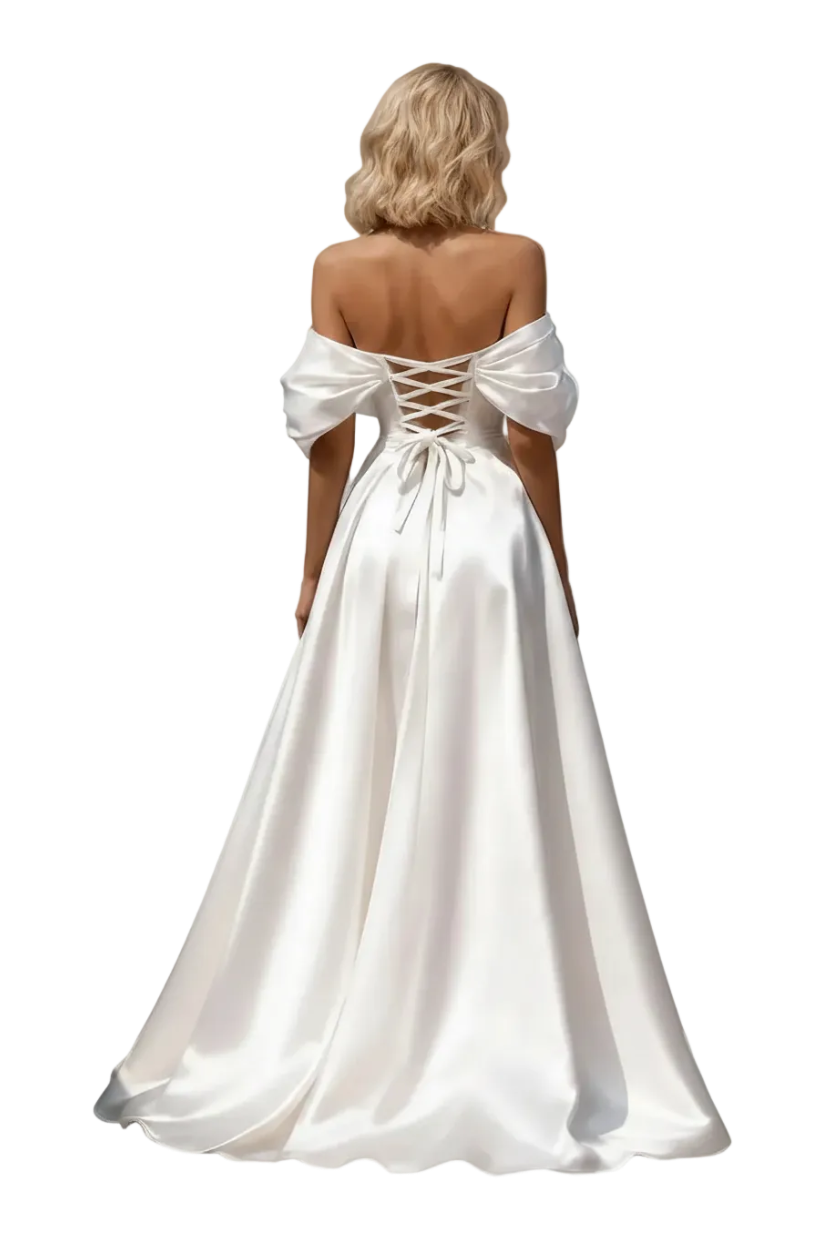 A woman shown from the back wearing an off-the-shoulder satin gown with a lace-up back and full skirt, photographed against a plain white background.